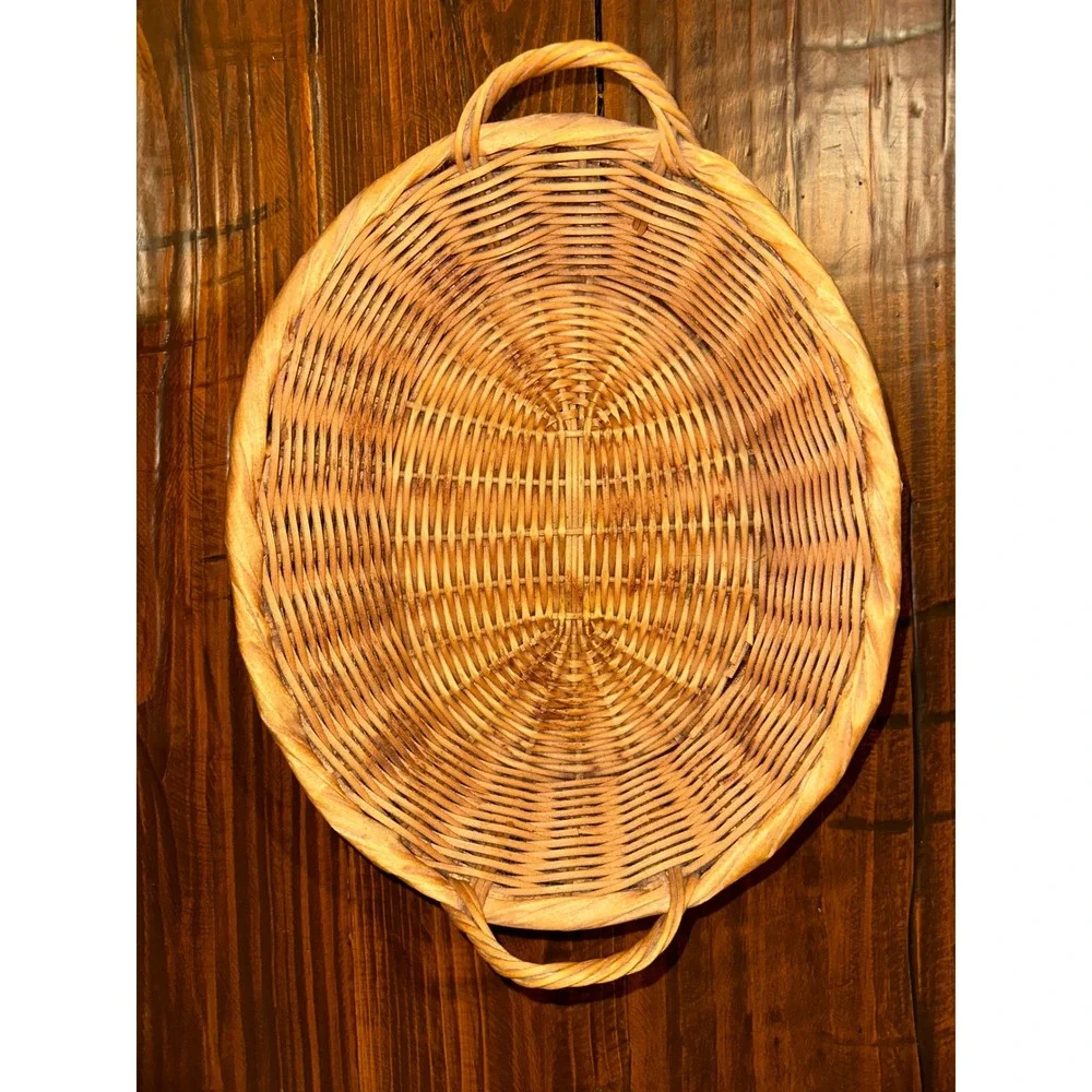 Vintage Oval Wicker Basket Tray with Handles Honey Brown Woven Home Decor